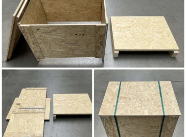 Sustainable reusable OSB foldable crate for fast and secure assembly completely without nails and injury risk